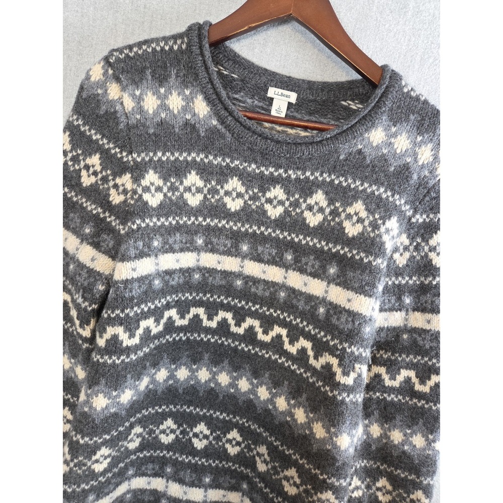 LL Bean Mens L Sweater 100% Lambswool Gray Fair Isle Nordic Print Roll Neck Y2K